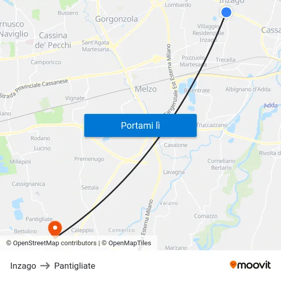 Inzago to Pantigliate map