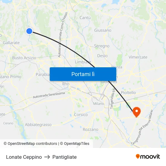 Lonate Ceppino to Pantigliate map