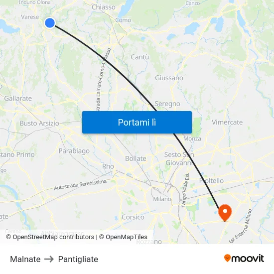 Malnate to Pantigliate map
