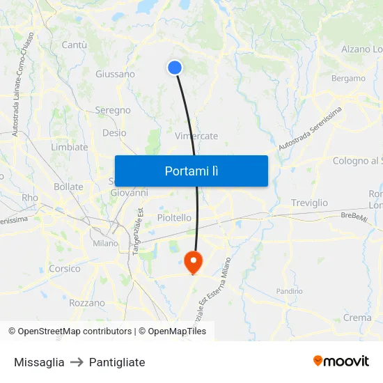Missaglia to Pantigliate map