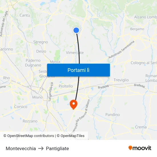 Montevecchia to Pantigliate map