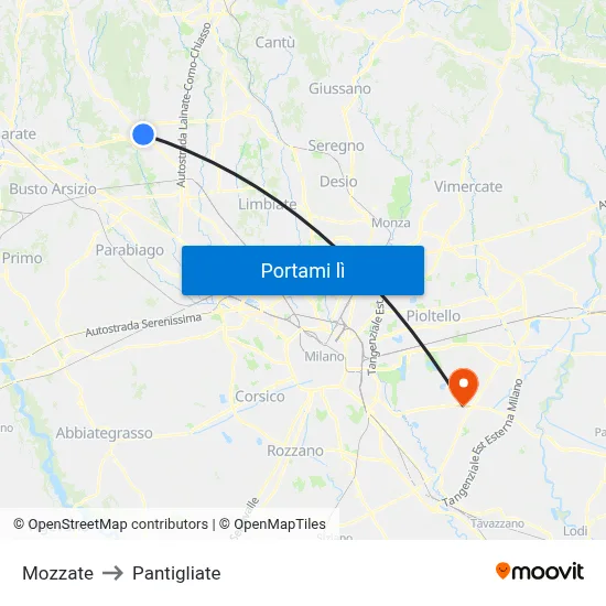 Mozzate to Pantigliate map