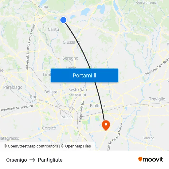 Orsenigo to Pantigliate map