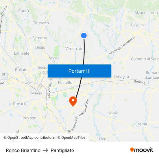 Ronco Briantino to Pantigliate map