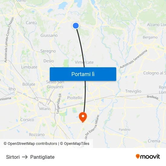 Sirtori to Pantigliate map