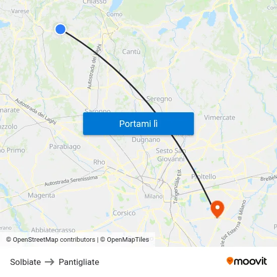 Solbiate to Pantigliate map