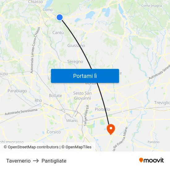 Tavernerio to Pantigliate map
