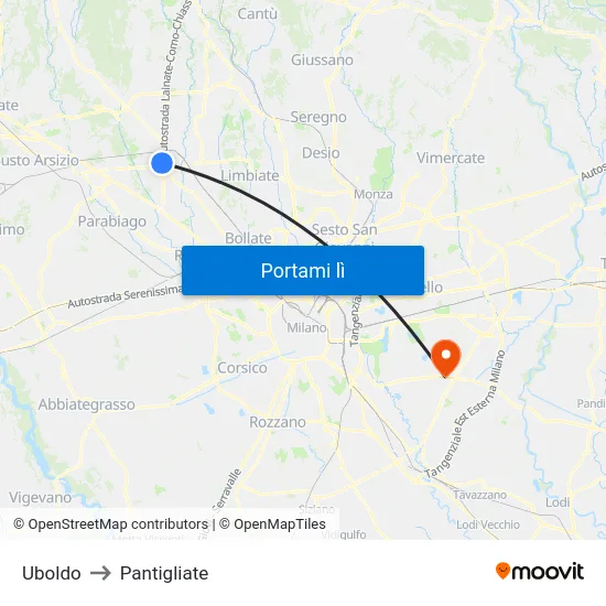 Uboldo to Pantigliate map