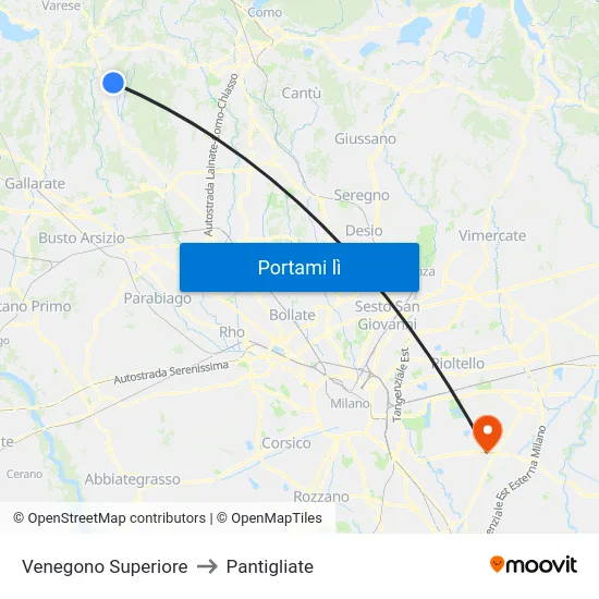 Venegono Superiore to Pantigliate map