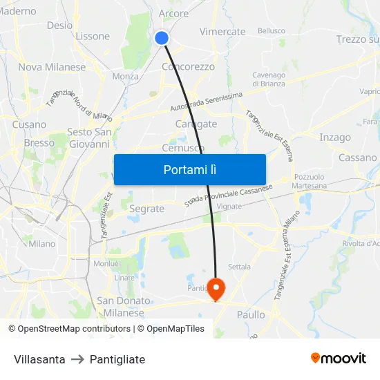 Villasanta to Pantigliate map