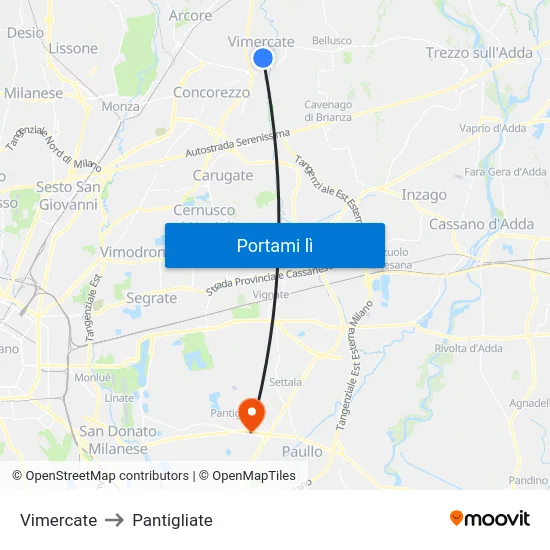 Vimercate to Pantigliate map