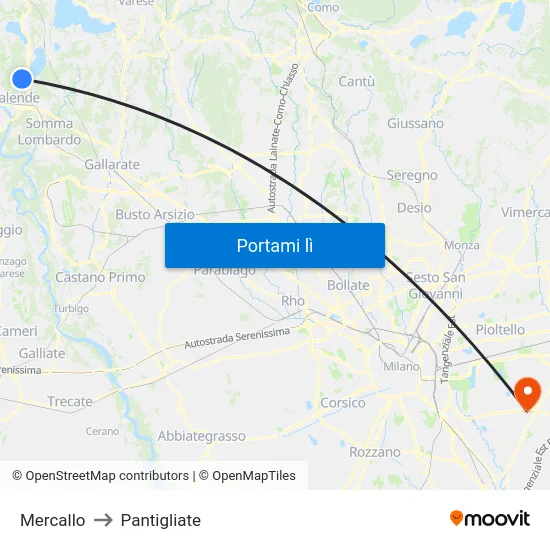 Mercallo to Pantigliate map