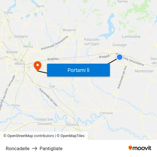 Roncadelle to Pantigliate map