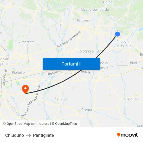 Chiuduno to Pantigliate map