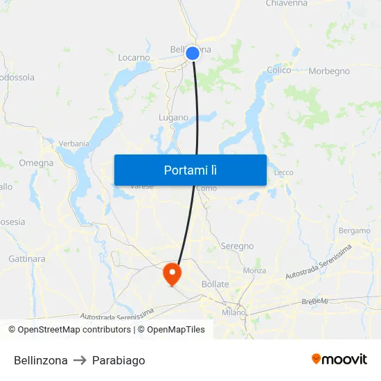 Bellinzona to Parabiago map