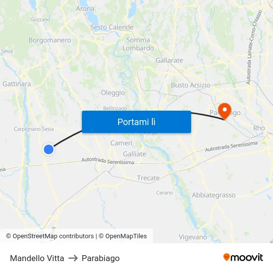Mandello Vitta to Parabiago map