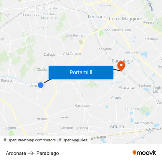 Arconate to Parabiago map