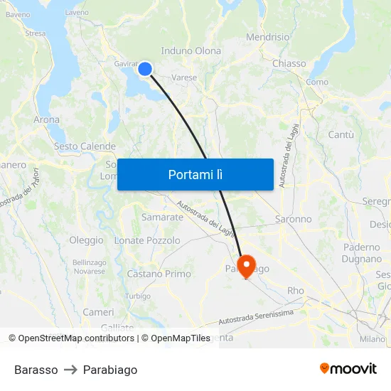 Barasso to Parabiago map