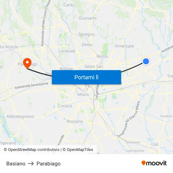 Basiano to Parabiago map