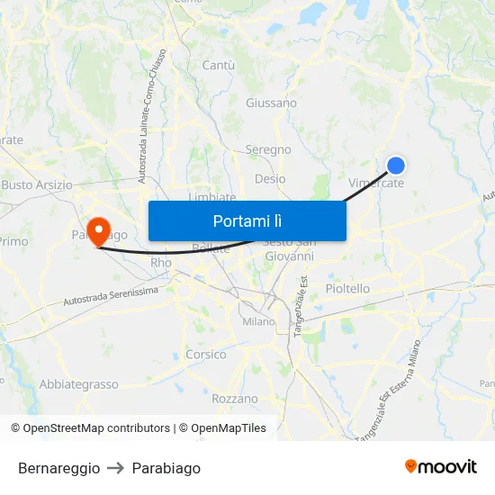 Bernareggio to Parabiago map