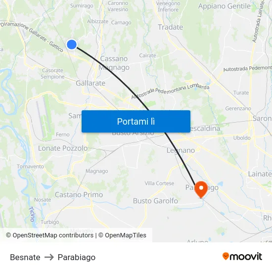Besnate to Parabiago map