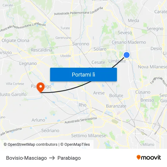 Bovisio-Masciago to Parabiago map