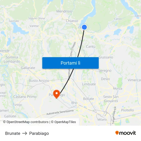 Brunate to Parabiago map