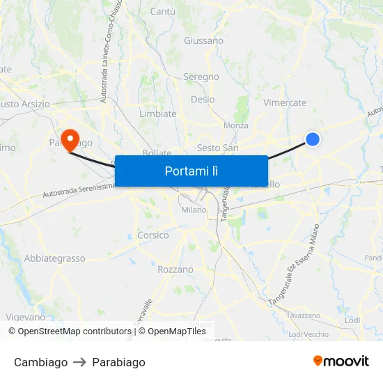 Cambiago to Parabiago map