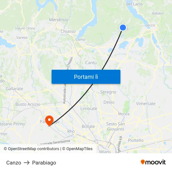 Canzo to Parabiago map