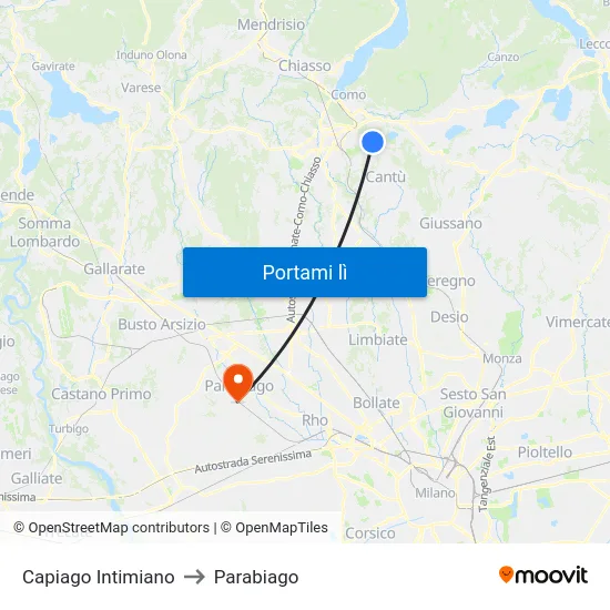 Capiago Intimiano to Parabiago map