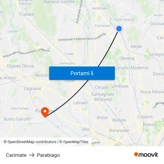 Carimate to Parabiago map