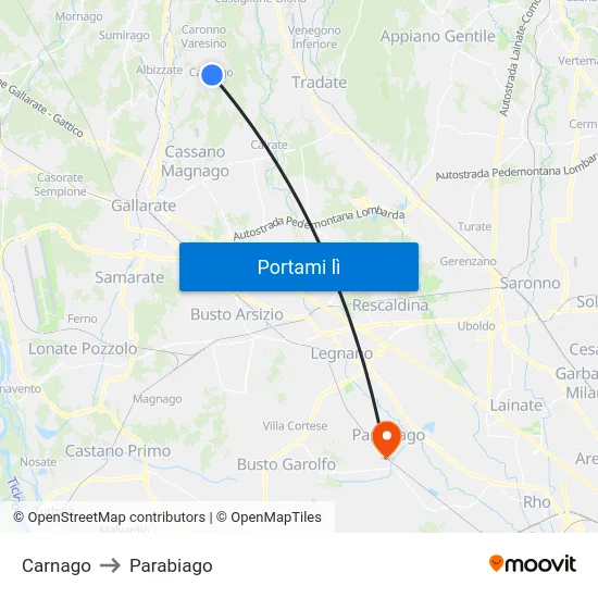 Carnago to Parabiago map