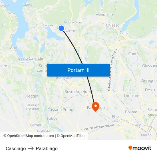 Casciago to Parabiago map