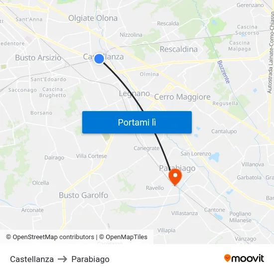 Castellanza to Parabiago map