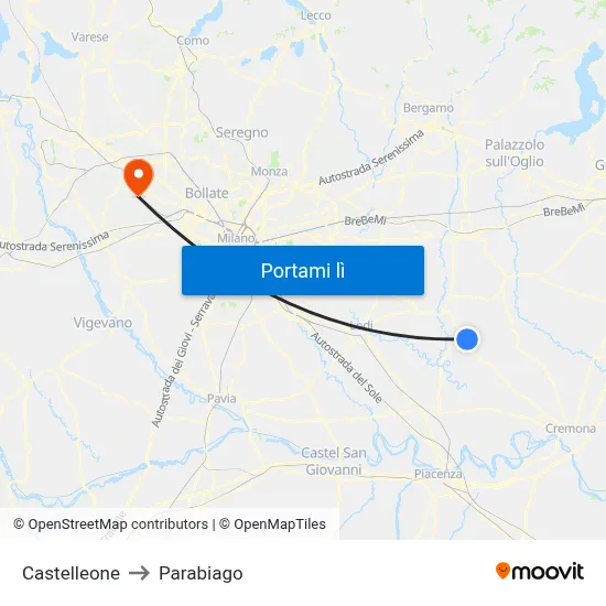 Castelleone to Parabiago map