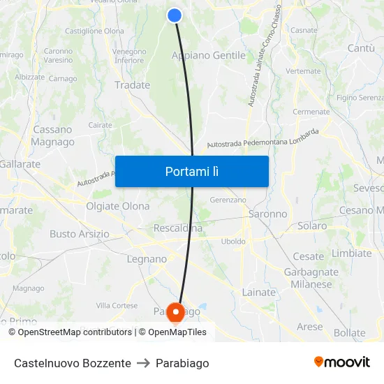 Castelnuovo Bozzente to Parabiago map