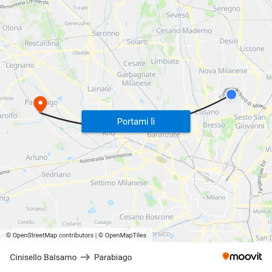 Cinisello Balsamo to Parabiago map