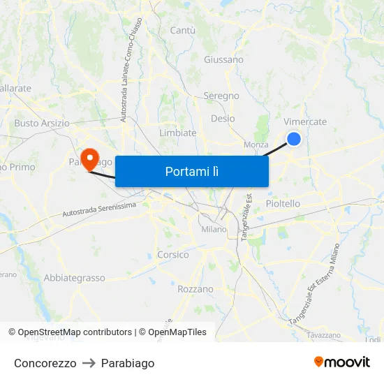 Concorezzo to Parabiago map