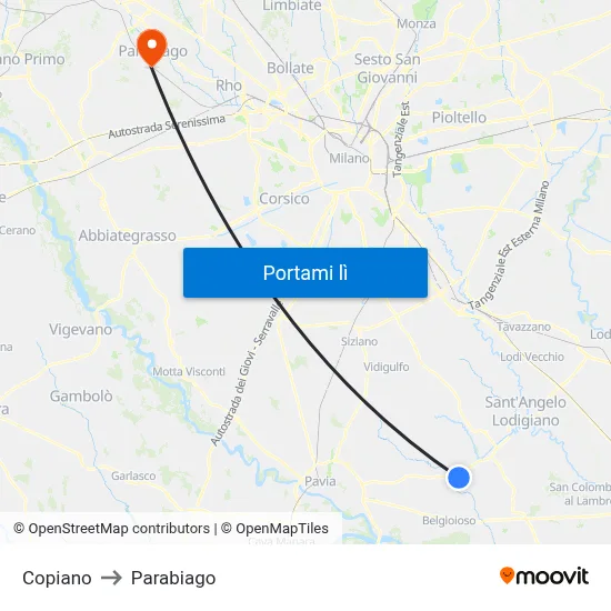 Copiano to Parabiago map