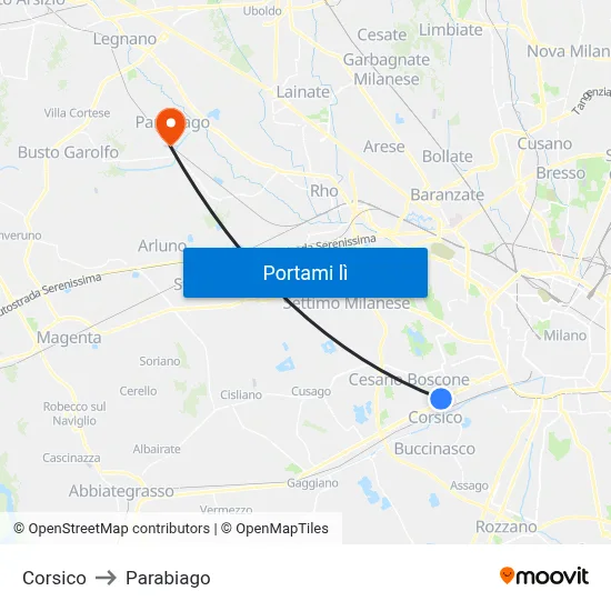 Corsico to Parabiago map