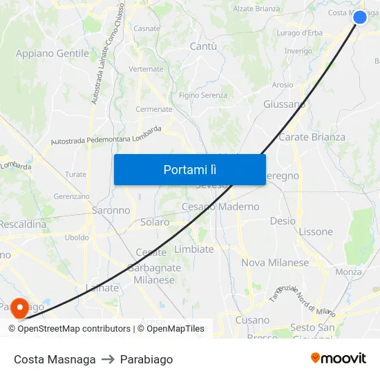 Costa Masnaga to Parabiago map