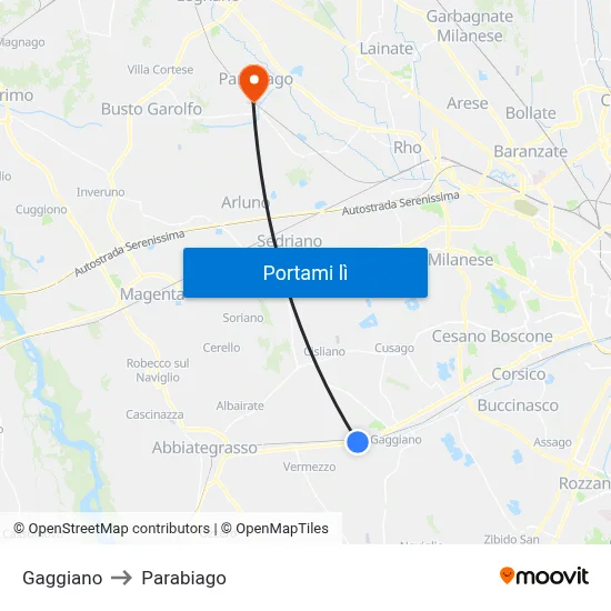 Gaggiano to Parabiago map