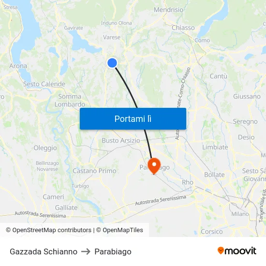 Gazzada Schianno to Parabiago map
