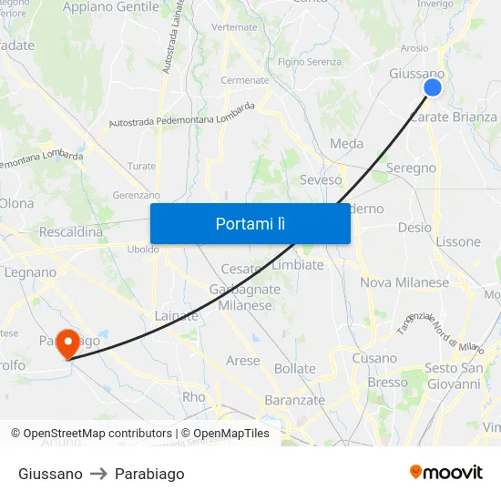 Giussano to Parabiago map