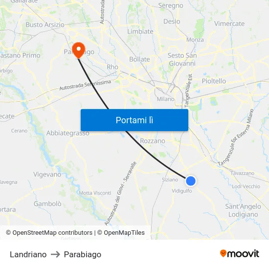 Landriano to Parabiago map