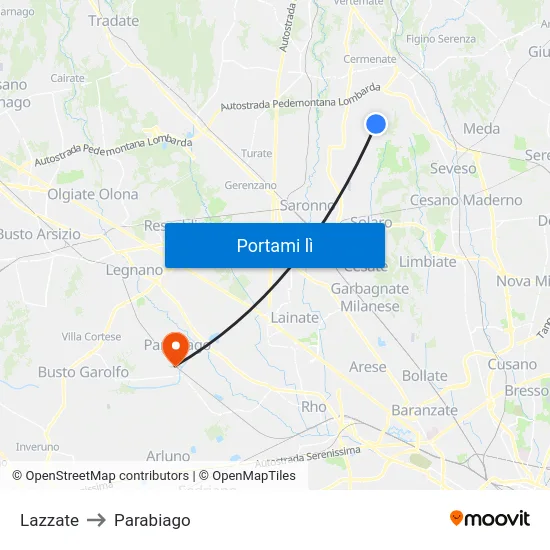 Lazzate to Parabiago map