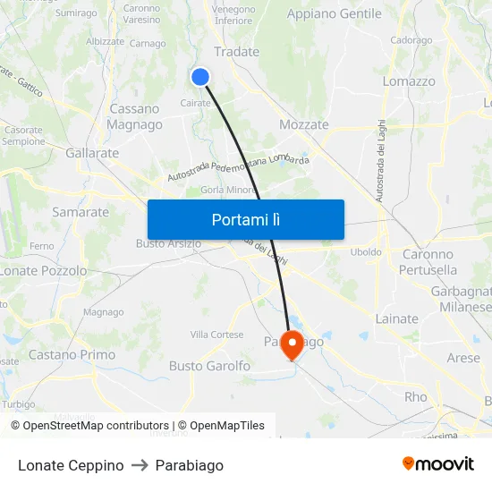 Lonate Ceppino to Parabiago map
