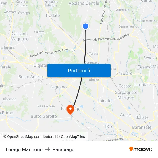 Lurago Marinone to Parabiago map