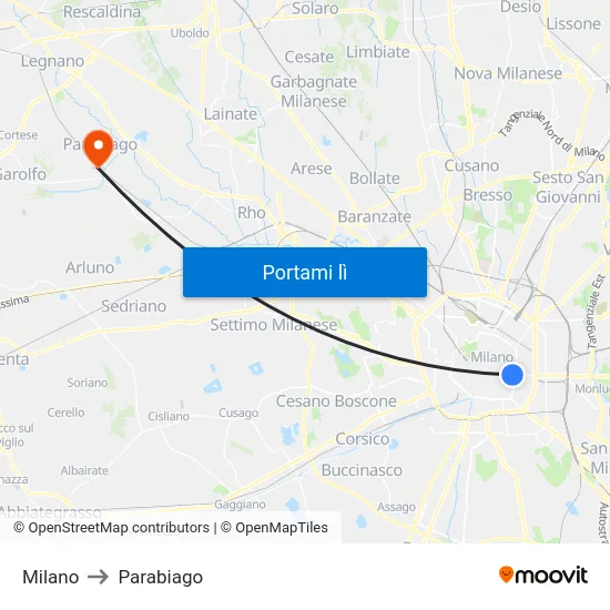 Milano to Parabiago map