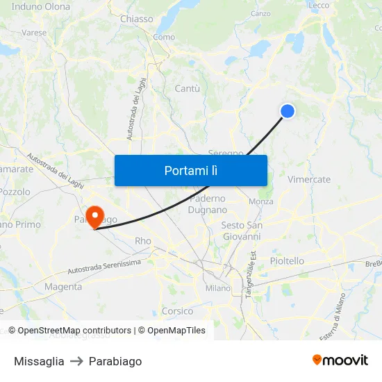 Missaglia to Parabiago map